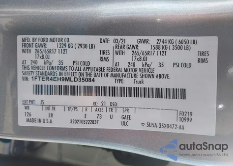 2021 Ford Ranger Xl z USA, uszkodzony, nr VIN 1FTER4EH9MLD35084